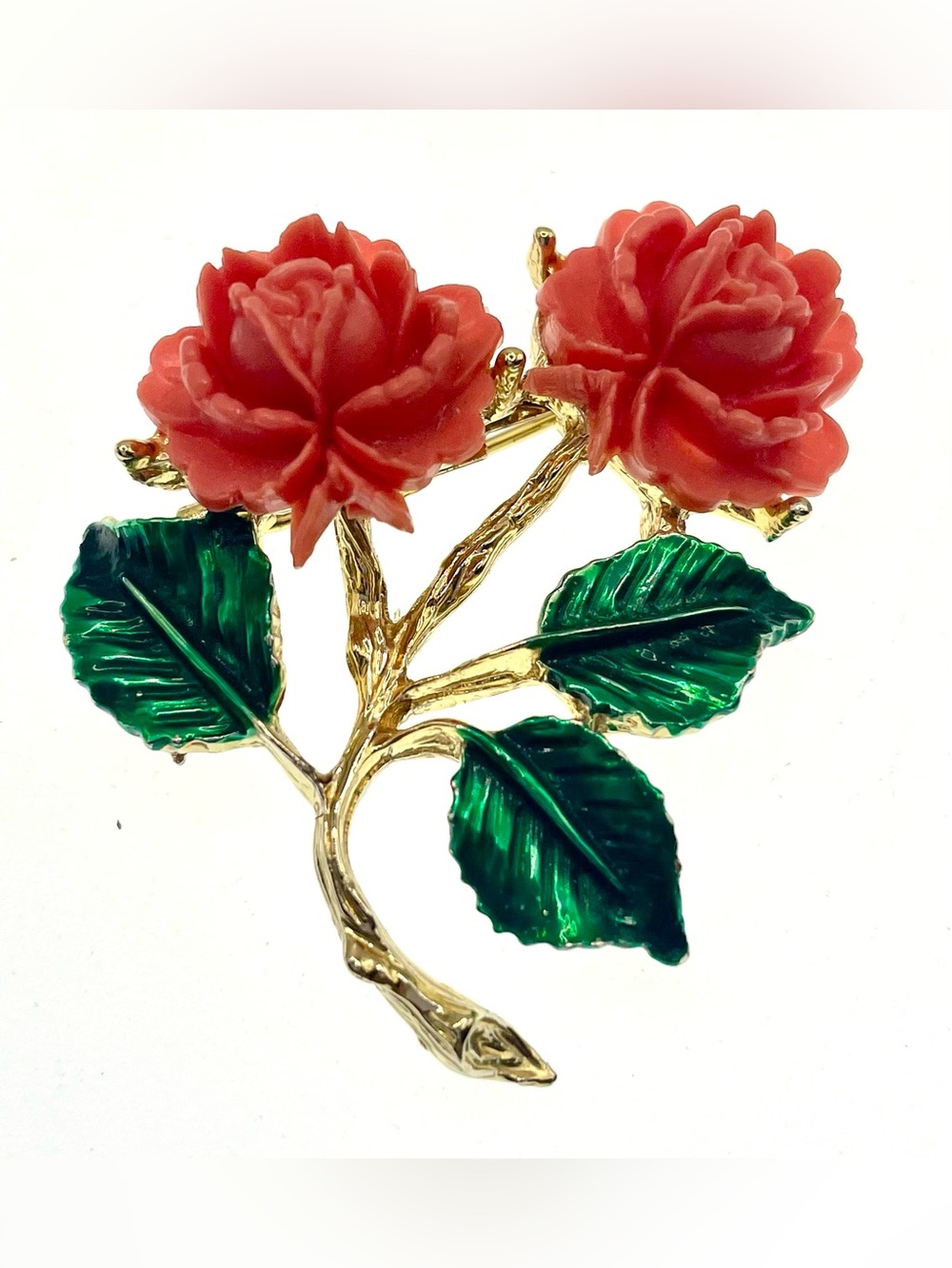 Vintage 1980s Carved Pink Acrylic Rose Floral Brooch Green Enamel Leaves